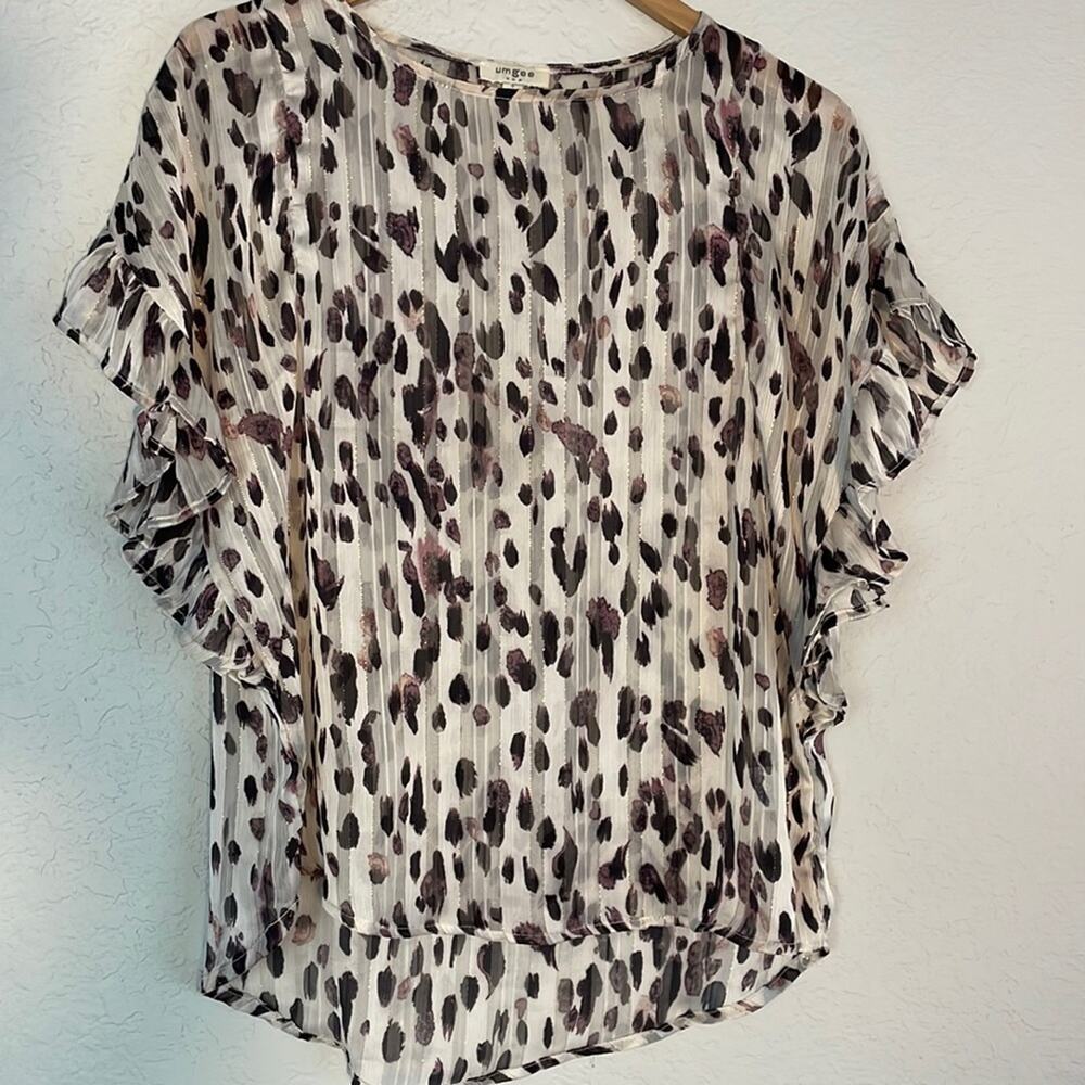 Umgee Animal Print Sheer Top Metallic Shimmer Small Flutter Sleeve Fall Casual